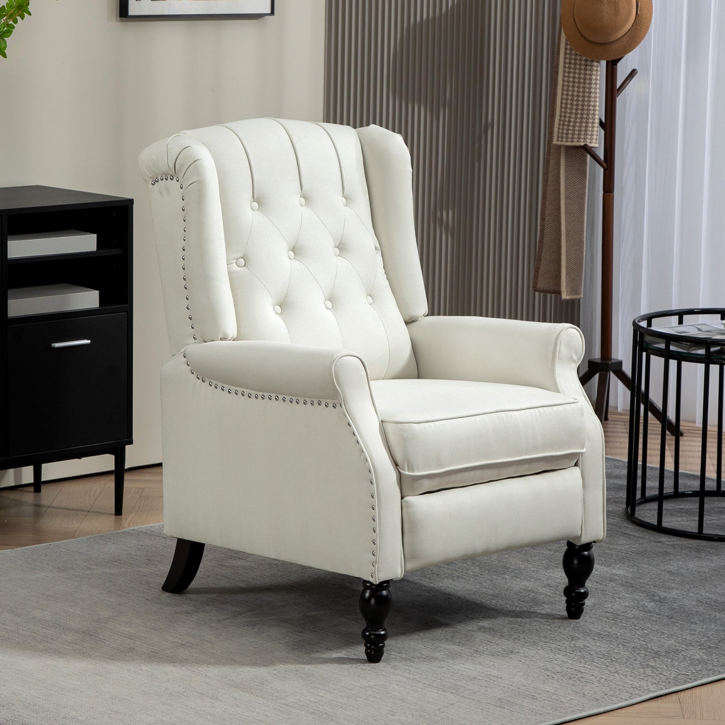 HOMCOM Cream White Wingback Recliner Chair with Button Tufted Footrest
