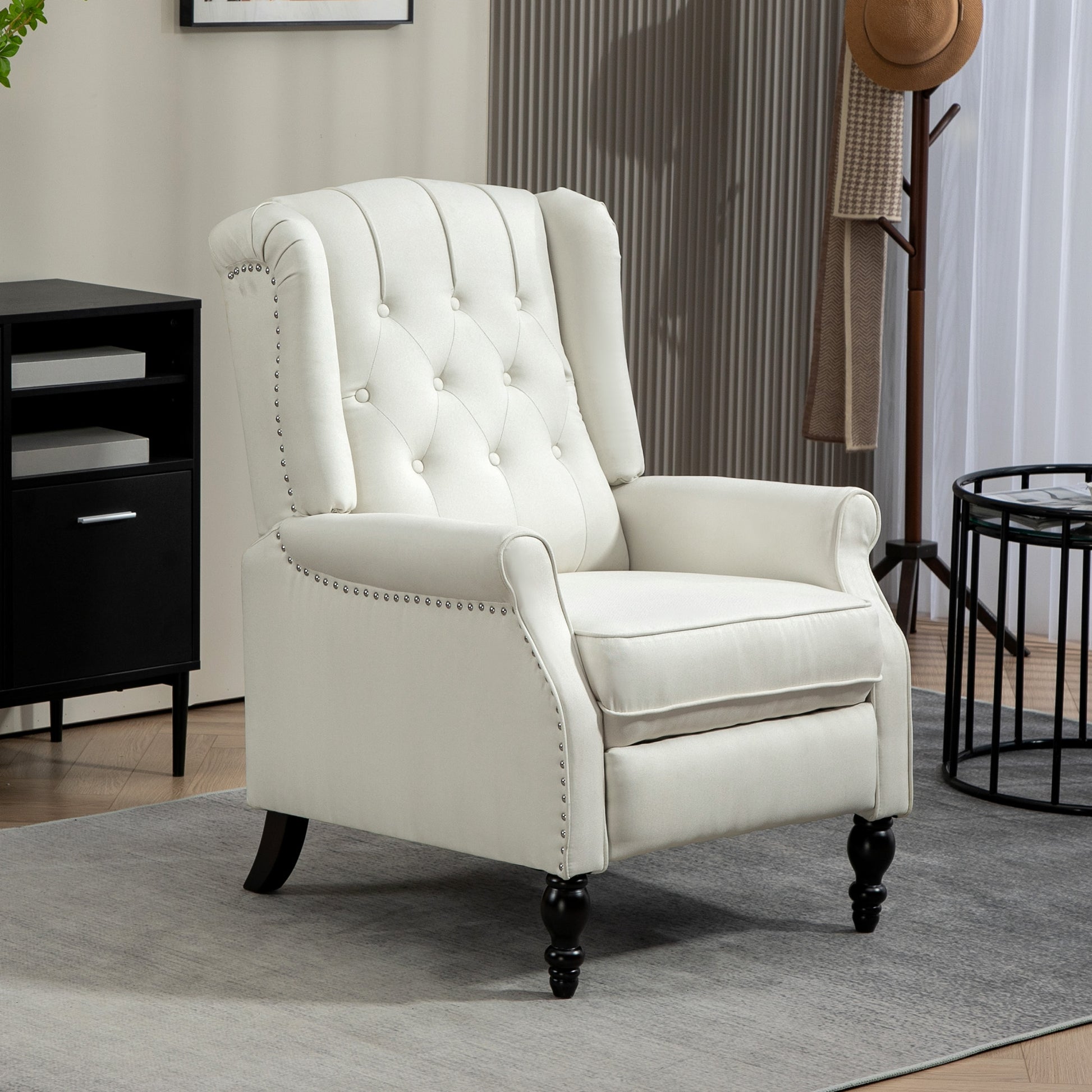 HOMCOM Cream White Wingback Recliner Chair with Button Tufted Footrest