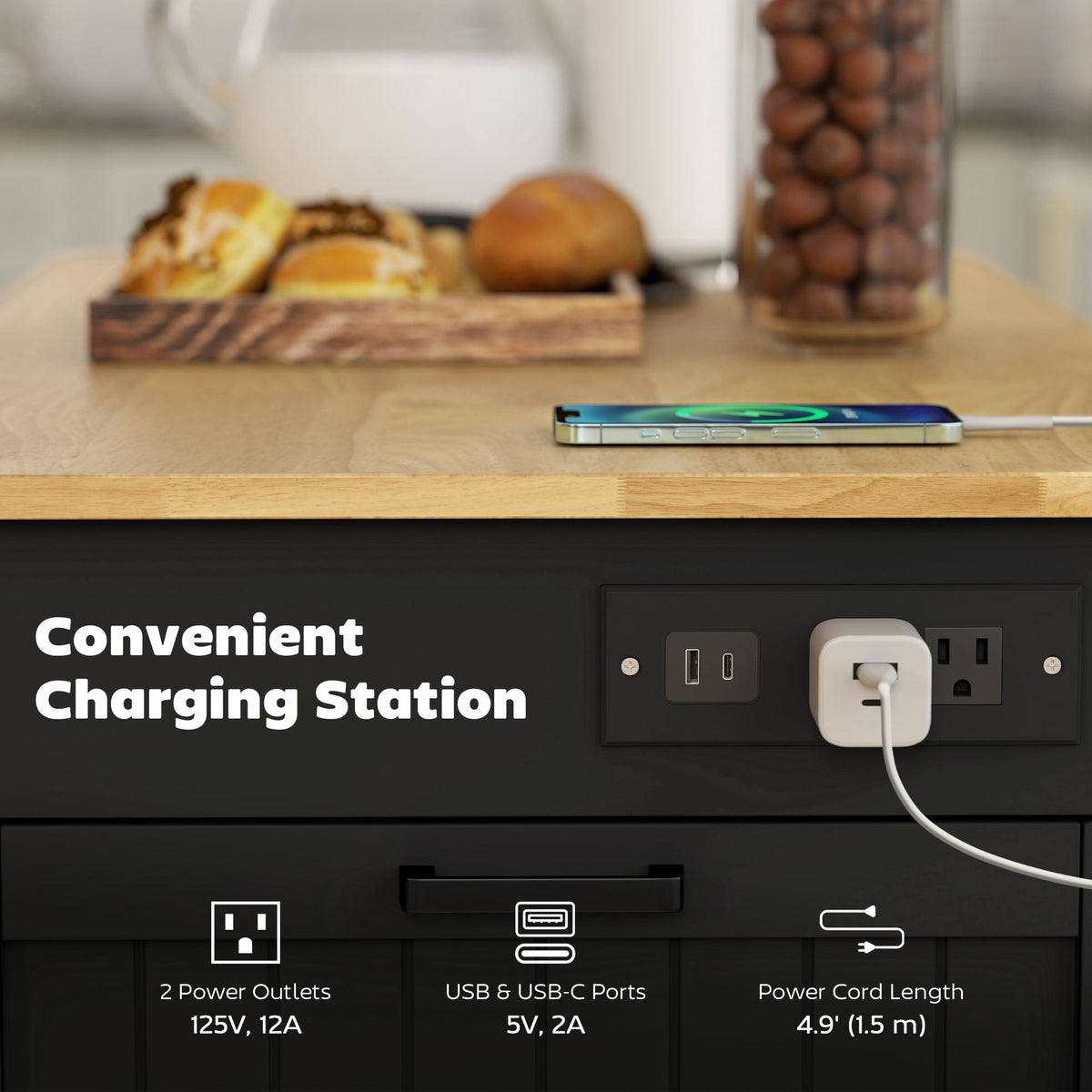 Kitchen Island Cart with Charging Station – 48"W x 35"H