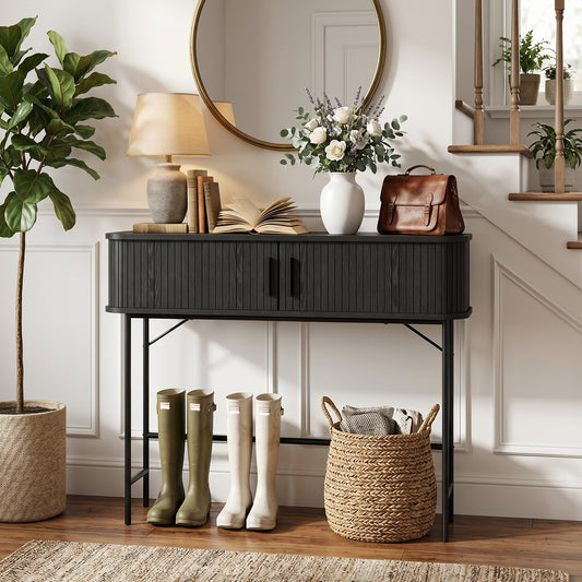 Mid-Century Entryway Console Table with Storage Compartments, Black