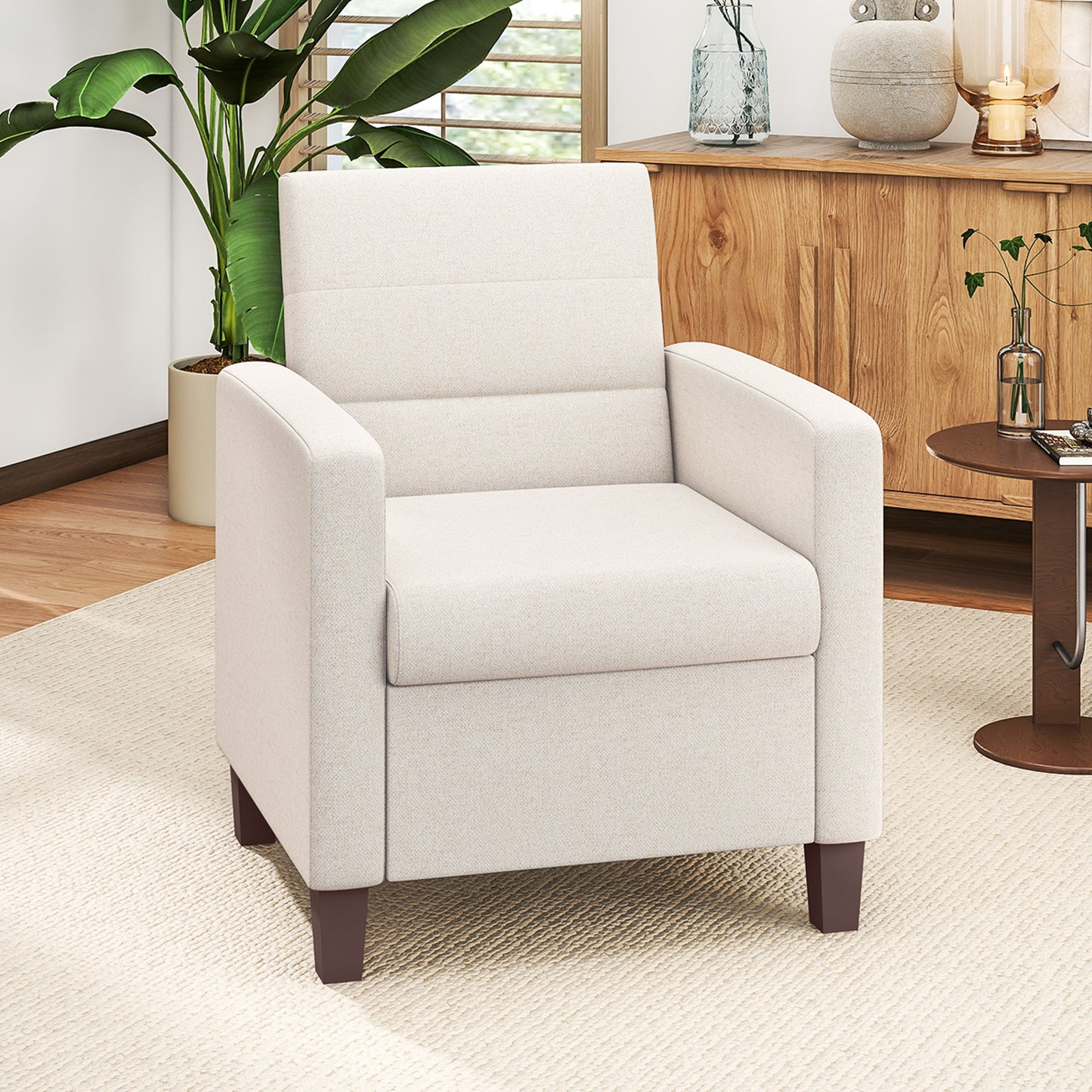 Modern Cream White Fabric Accent Armchair with Supportive Cushion & Non-Slip Pads