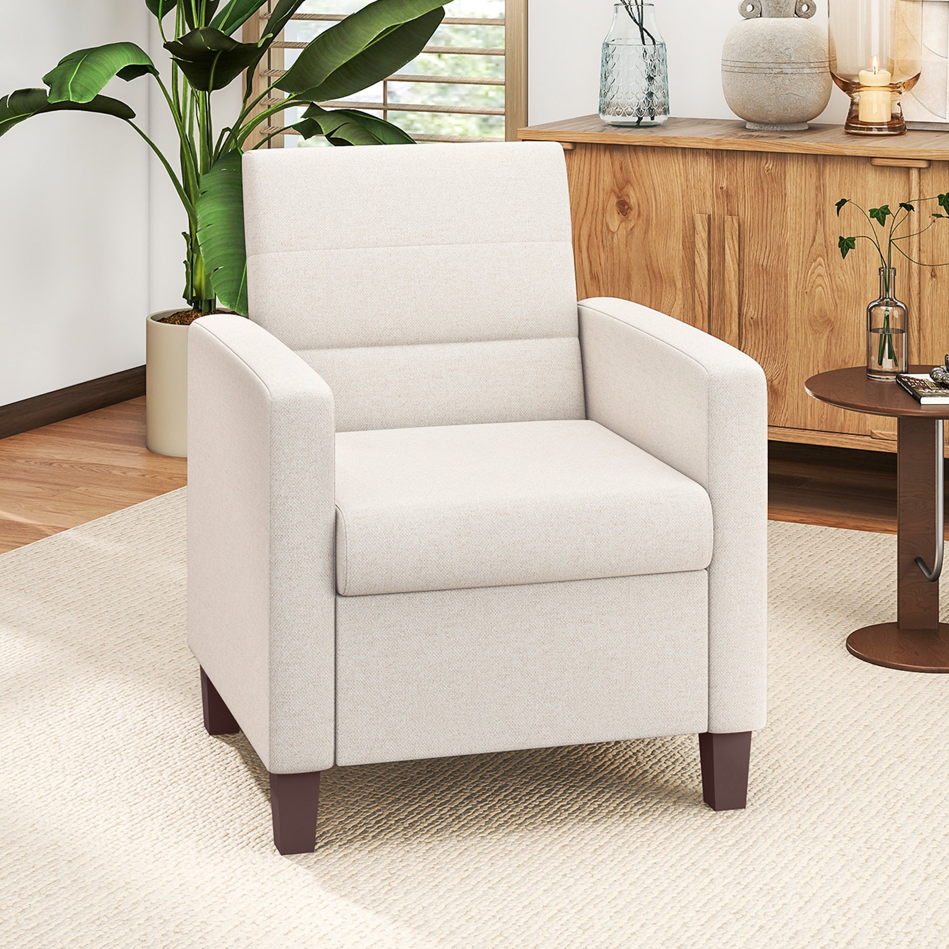Modern Cream White Fabric Accent Armchair with Supportive Cushion & Non-Slip Pads