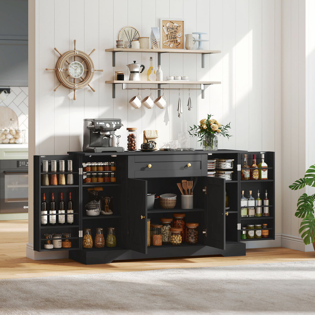 Farmhouse Sideboard with Barn Doors and Door Shelves – 54"W x 33"H