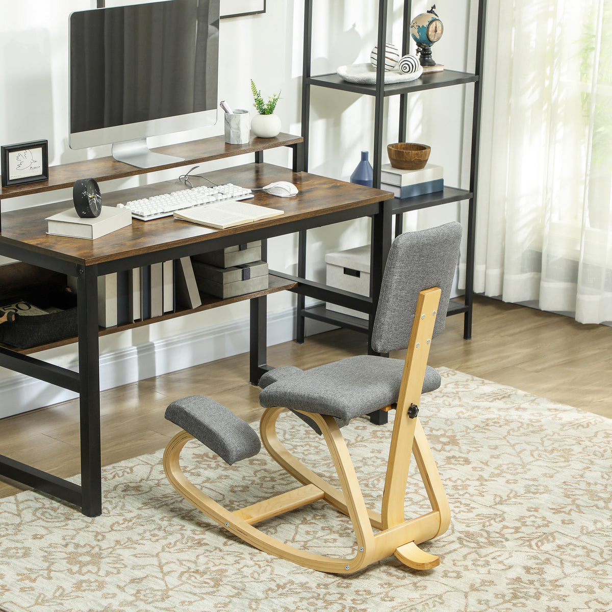Ergonomic Kneeling Chair, Rocking Wood Kneel Stool with Backrest for Improved Posture, Grey
