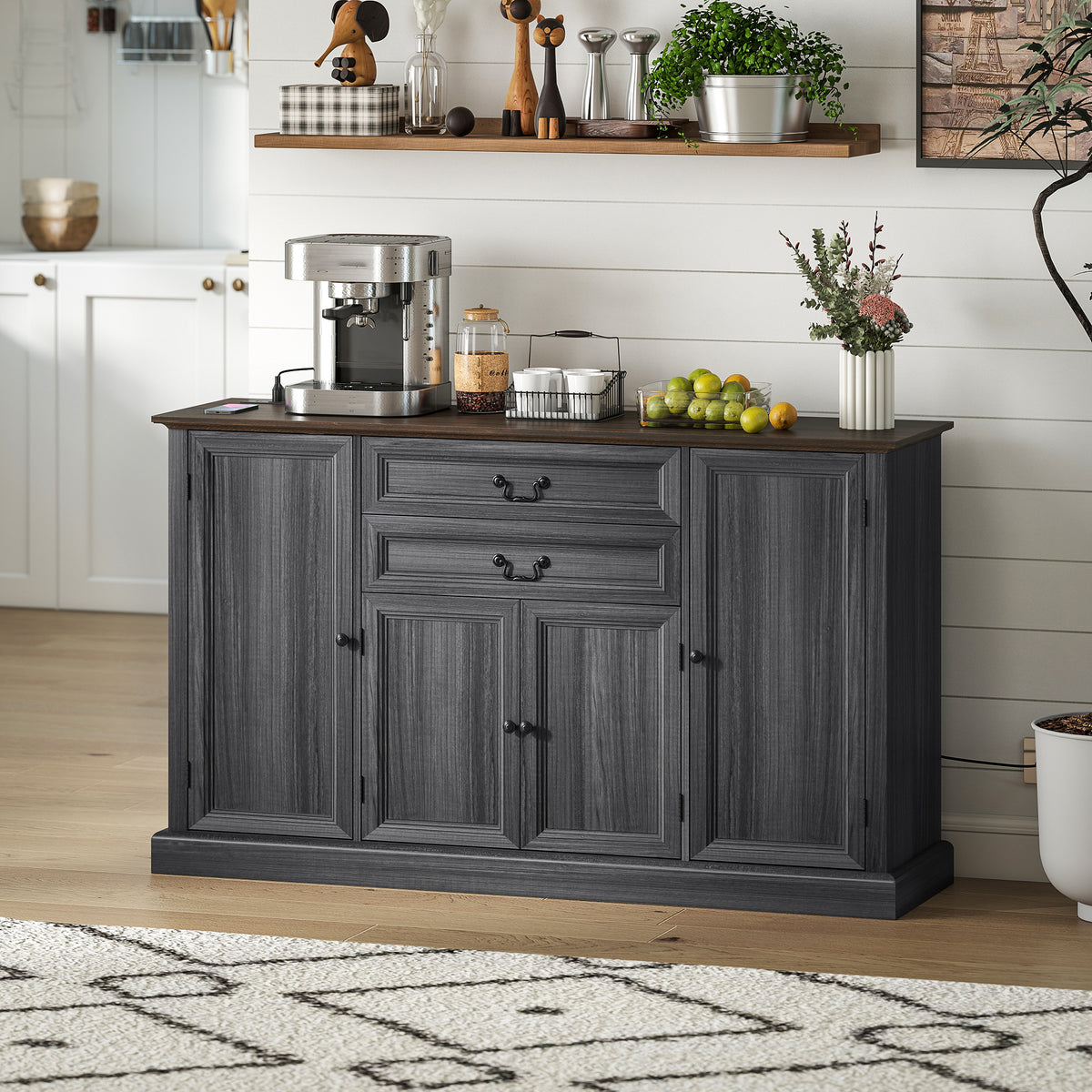 Farmhouse Sideboard with Charging Station and Thickened Top – 58"W x 34"H