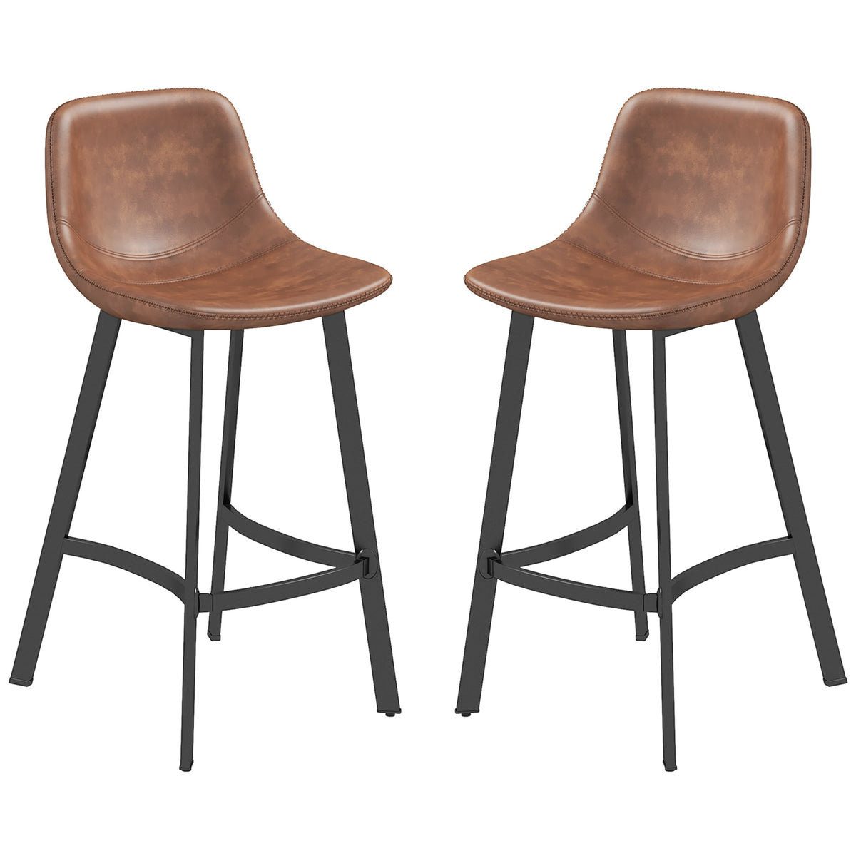 PU Leather Counter Stools with Curved Back and Steel Legs, Set of 2, Brown