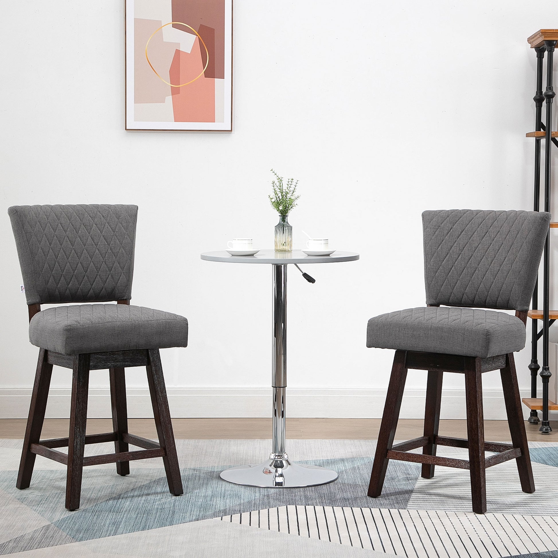 HOMCOM Swivel Counter Bar Stools Set of 2, Wood Legs, Footrests, Dark Grey