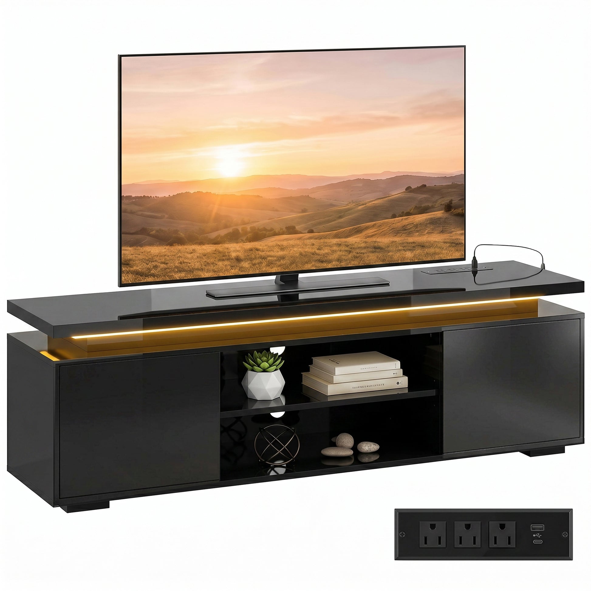 HOMCOM TV Stand LED Lights, Power Outlets, High Gloss Black