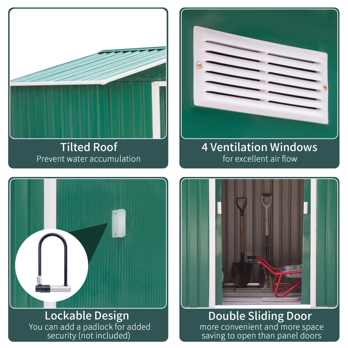 7'x 4'x 6' Garden Tool Shed Metal Storage Shed w/ Foundation Kit, Vents and Double Doors – Green