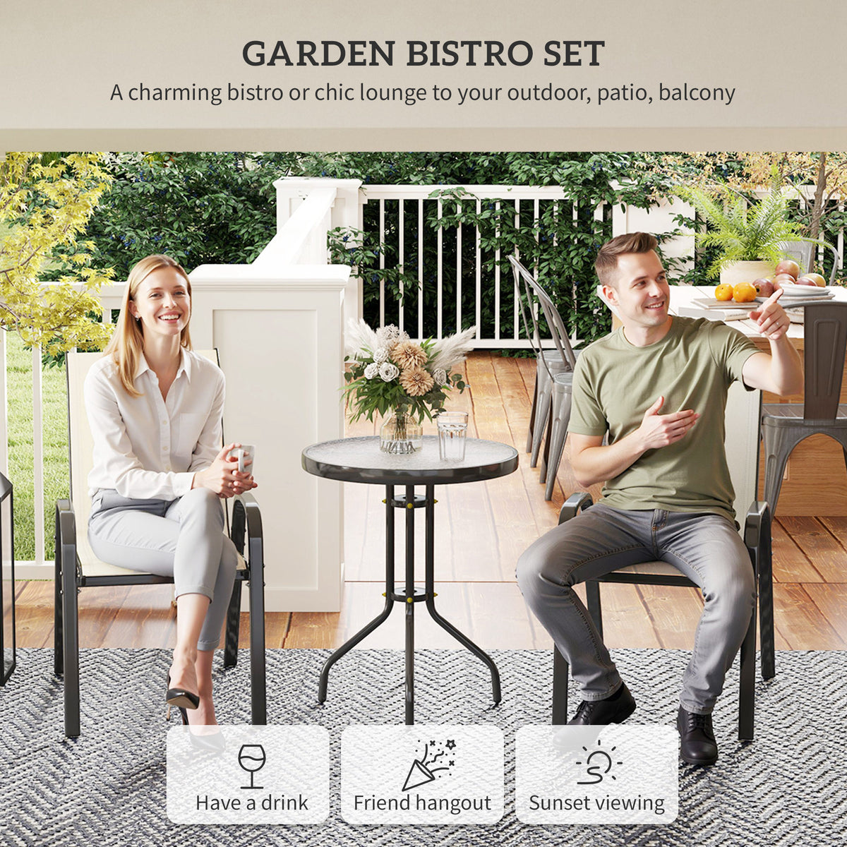 3 Pieces Bistro Set, Small Patio Furniture Set with Stackable Mesh Chairs, Glass Table for Garden, Balcony – Beige