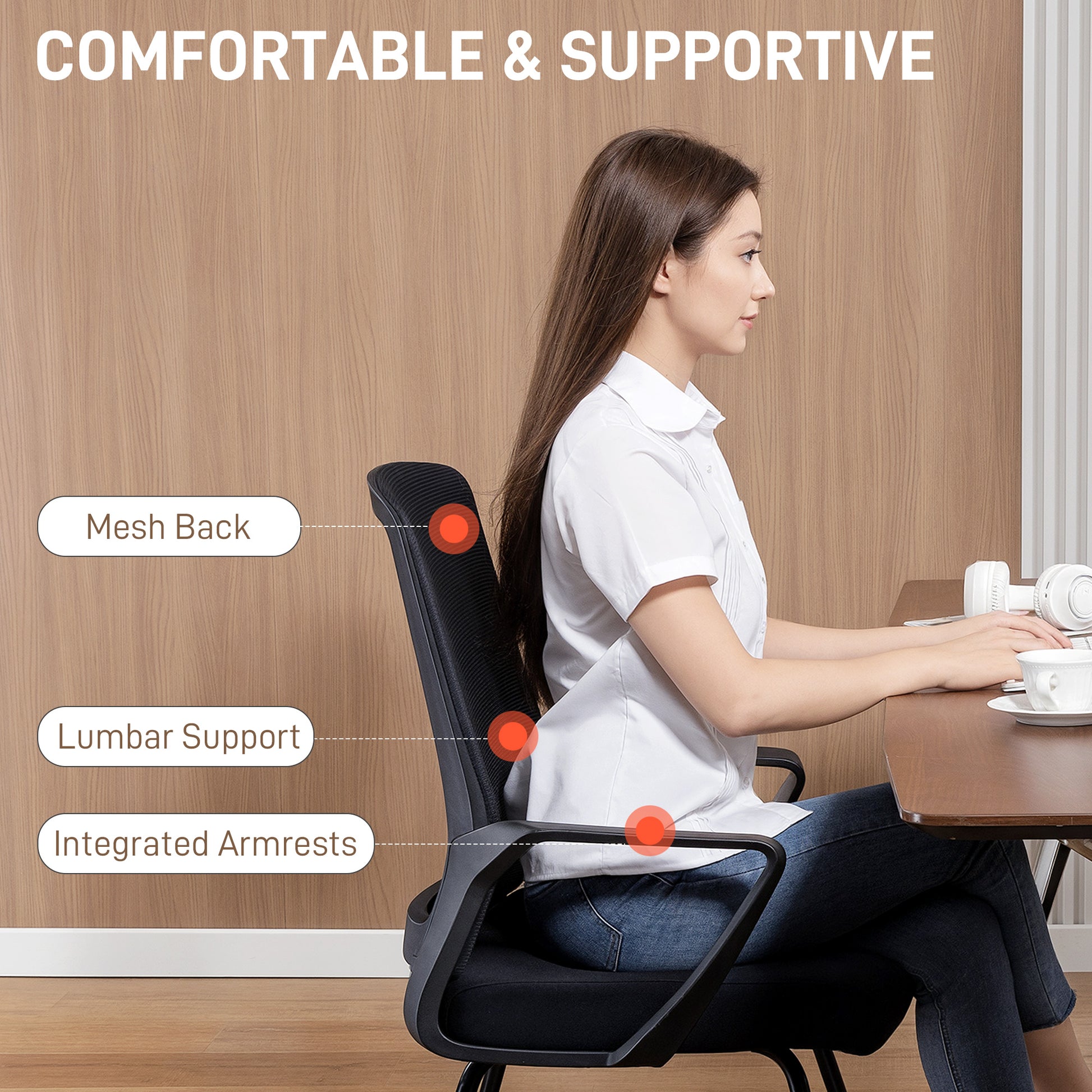 HOMCOM Ergonomic Mesh Office Chair No Wheels Lumbar Support Fixed Base