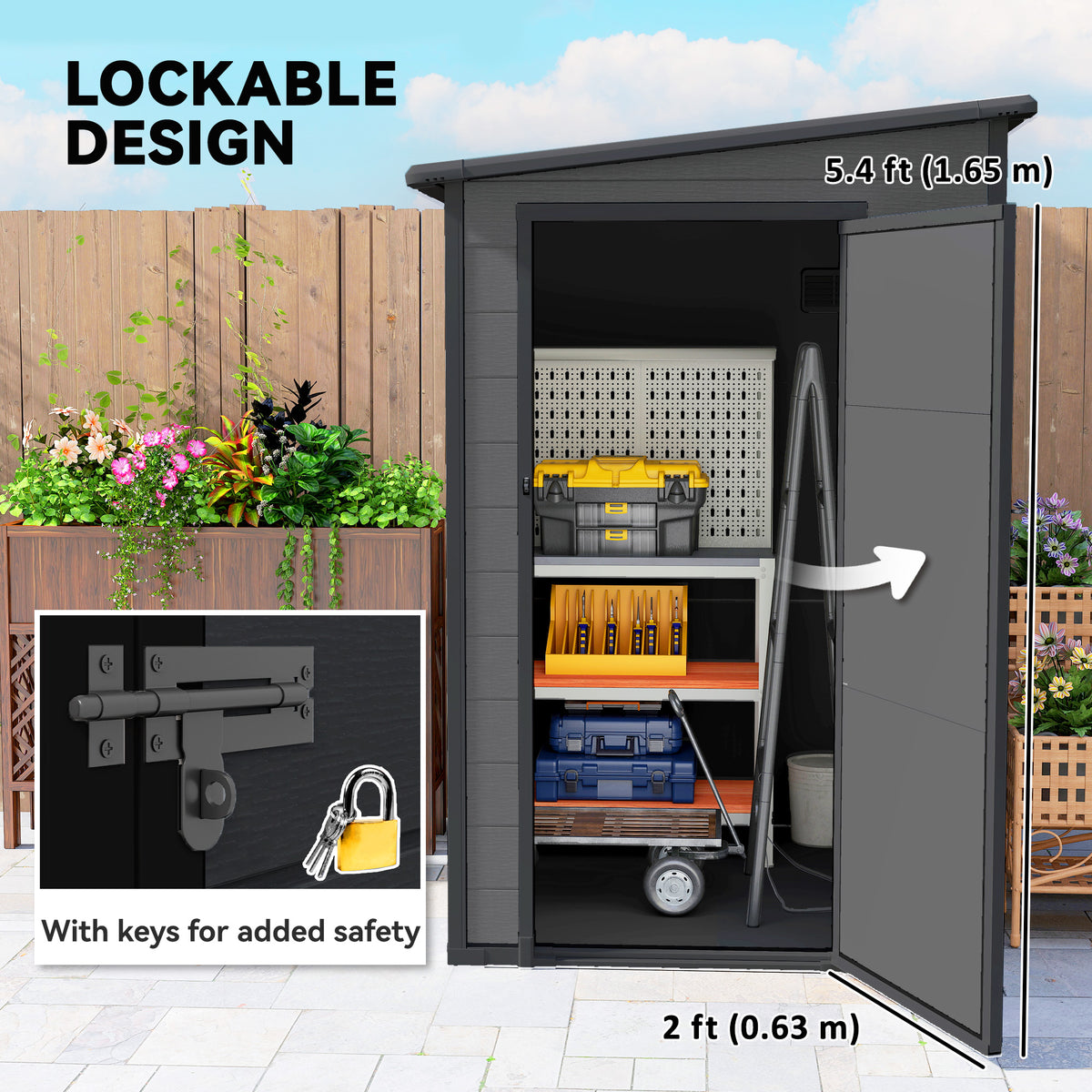 4'x5' Garden Storage Shed, Lean to Shed, Lockable Garden Tool Storage House with Window, Vent – Dark Grey