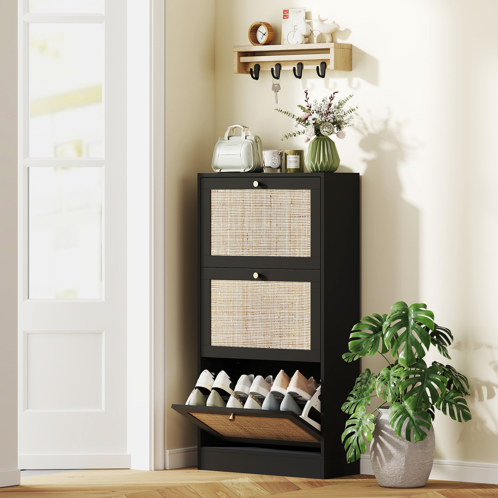 Elegant Rattan Entryway Shoe Cabinet with 3 Flip-Down Drawers, Adjustable Shelves, Organizes 18 Pairs