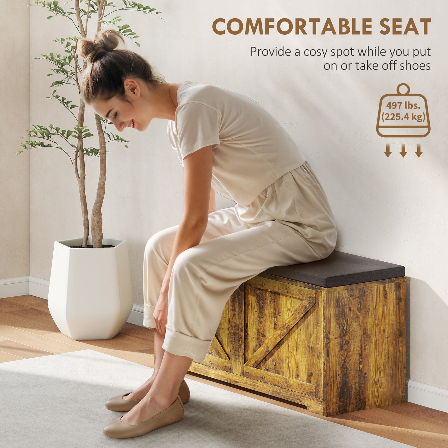 HOMCOM Rustic Brown Entryway Shoe Storage Bench with Padded Seat, Holds 8 Pairs