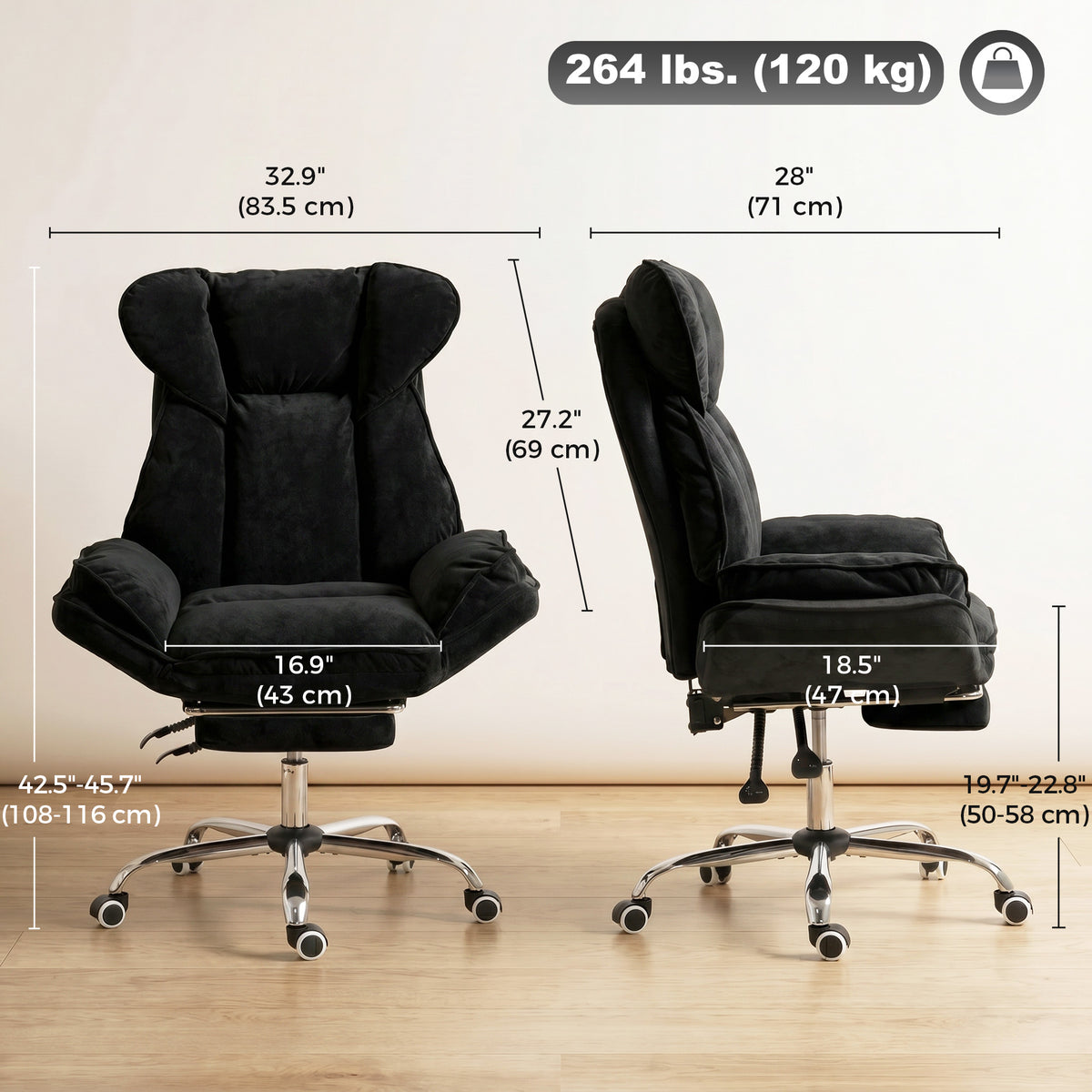 Big and Tall Office Chair with Footrest, High Back Snowflake Velvet Reclining Executive Desk Chair, Black