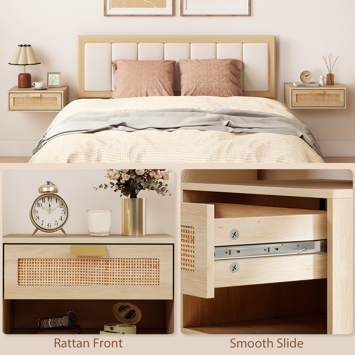 Floating Nightstands with Rattan Drawer, Set of 2 – 16"W x 6"H