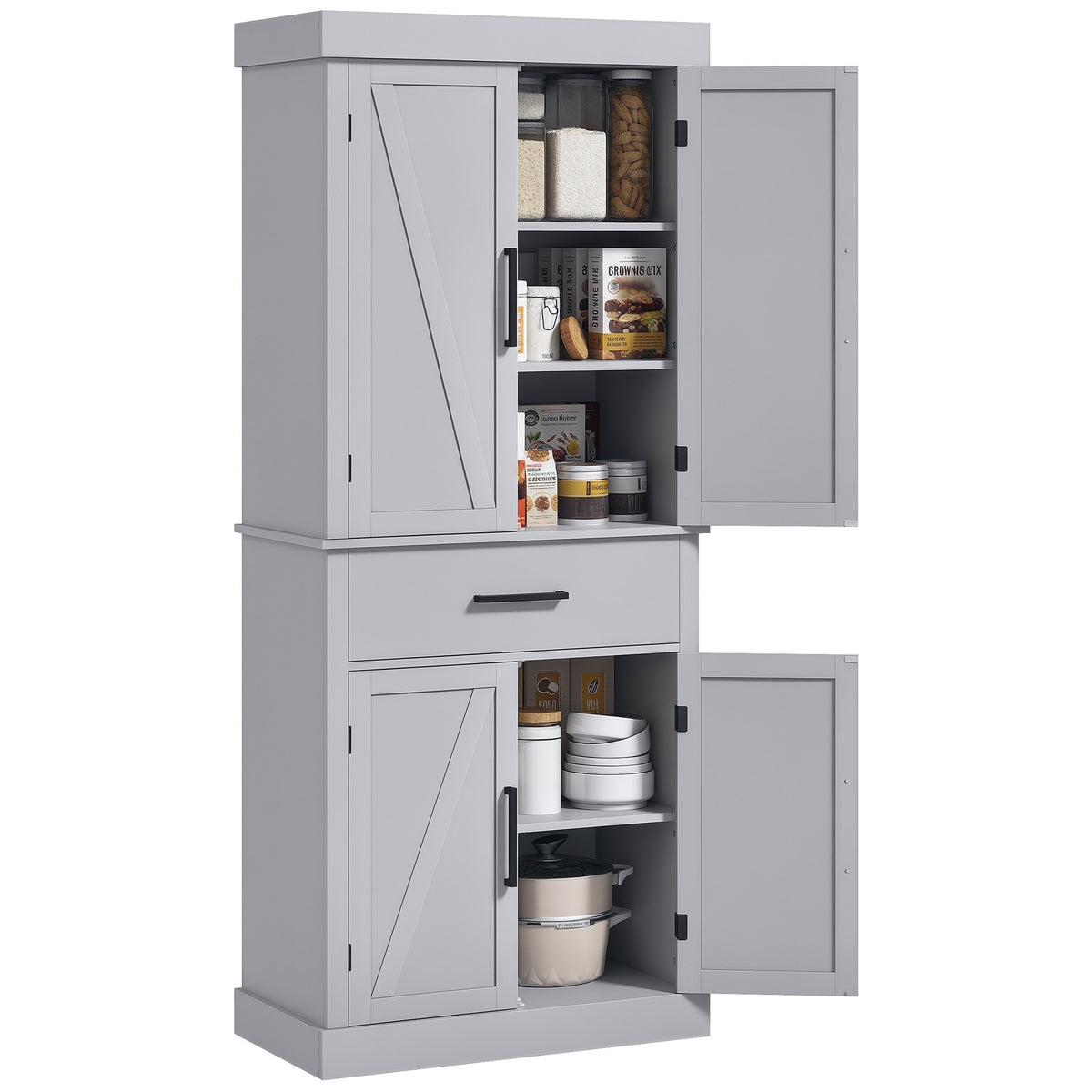 Farmhouse Kitchen Pantry Cabinet with 4 Barn Doors – 30"W x 72"H