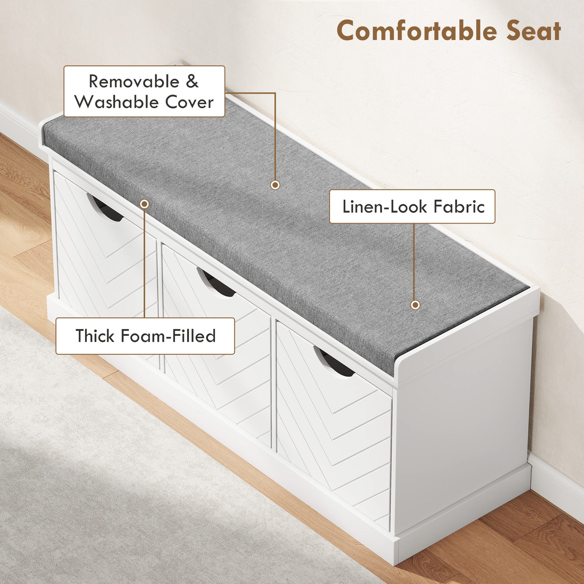HOMCOM Entryway Shoe Storage Bench with Padded Seat, 3 Removable Drawers, Linen-Look Fabric, White