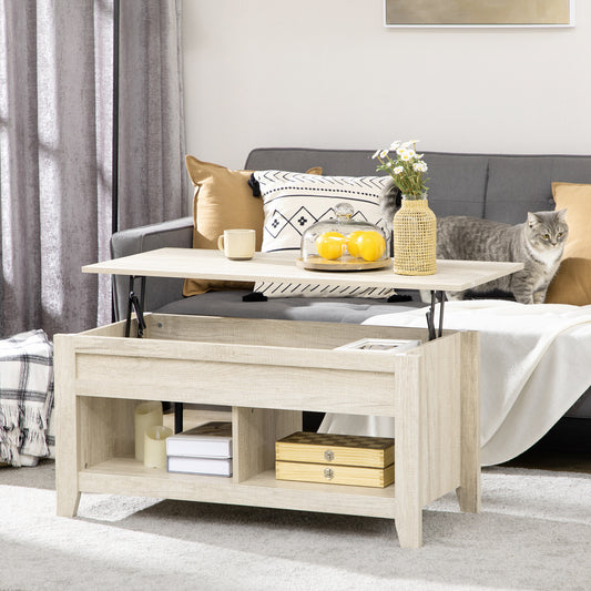 HOMCOM Lift Top Coffee Table with Hidden Storage, Open Shelves, Pop-Up Center Table, Oak Effect