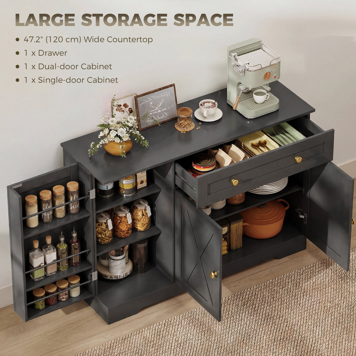 Farmhouse Sideboard with Barn Doors and Door Shelves – 47"W x 33"H