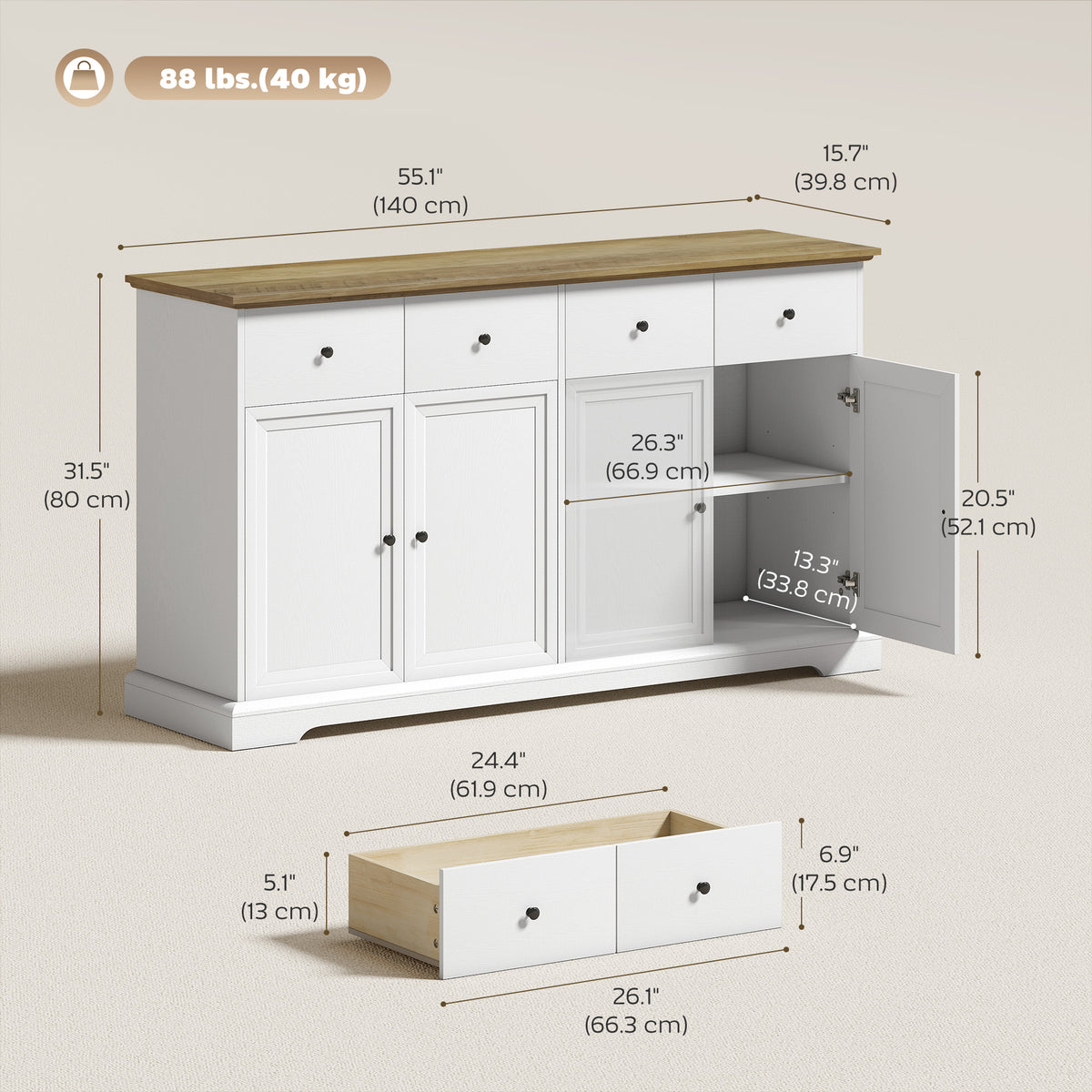 Farmhouse Kitchen Cabinet with Soft-Close Doors – 55"W x 31"H
