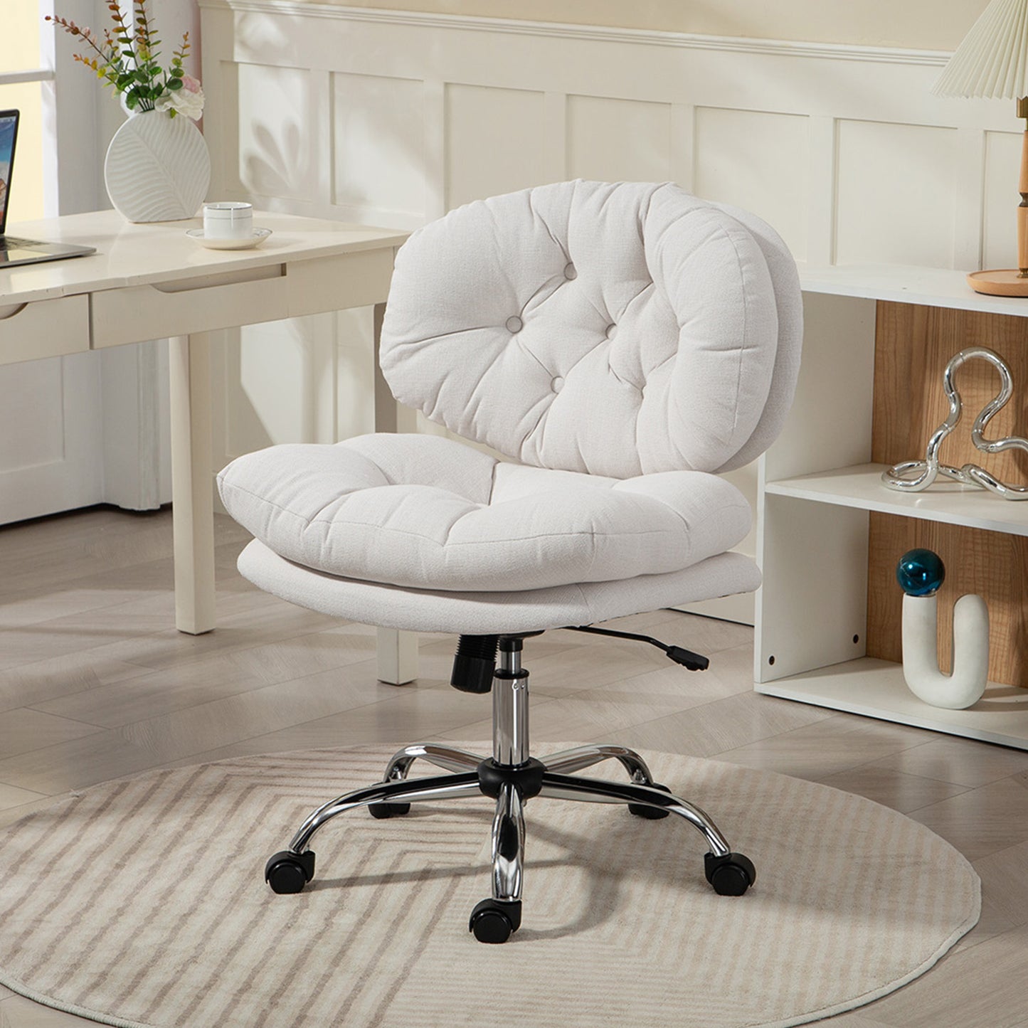 HOMCOM Armless Computer Office Chair, Wide Padded Seat, Adjustable Height, Cream White