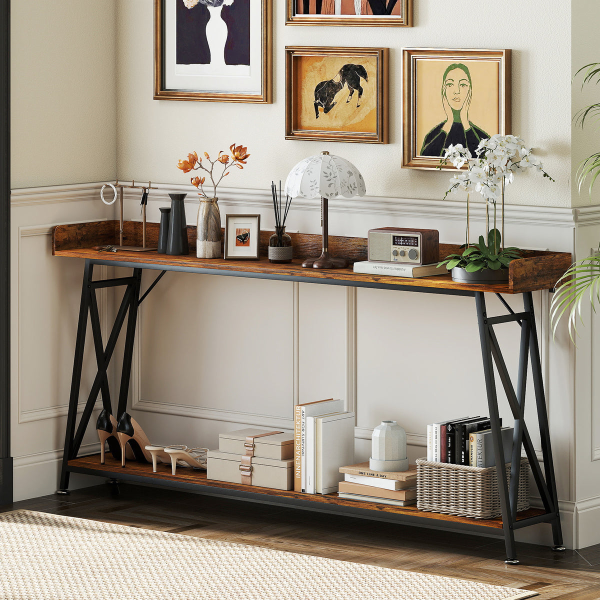 71" Extra Long Industrial Console Table with Shelf & Guardrails