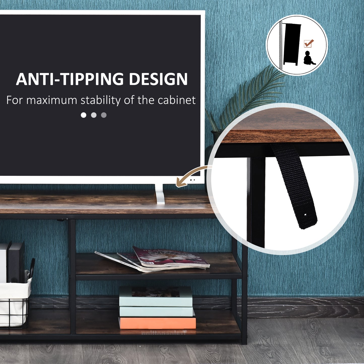 HOMCOM Industrial Rustic Brown TV Stand with Storage Shelves Metal Frame