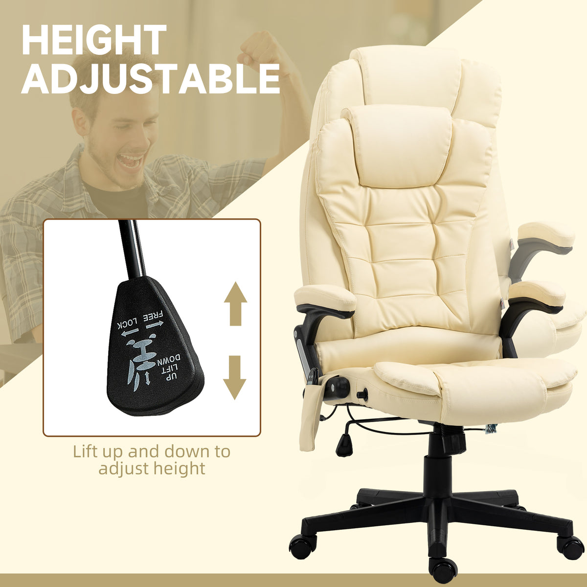 Heated Massage Office Chair, Adjustable High Back Leather Vibrating Executive Chair, Beige
