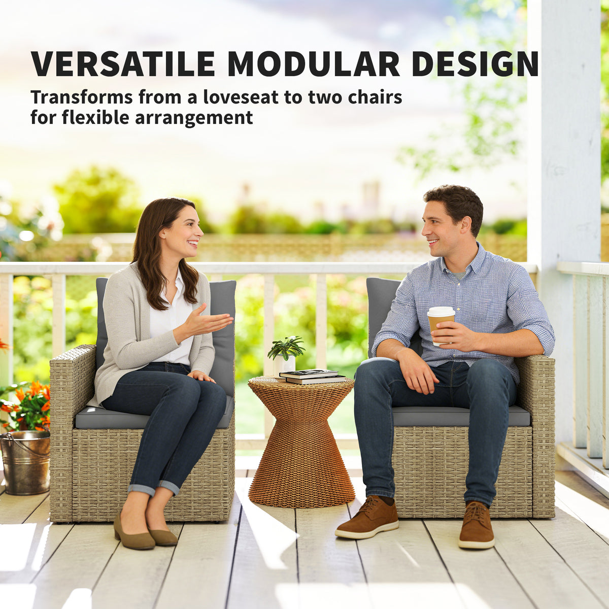 Wicker Outdoor Sofa with Side Trays, Rattan Patio Loveseat with Cushions for Garden Balcony