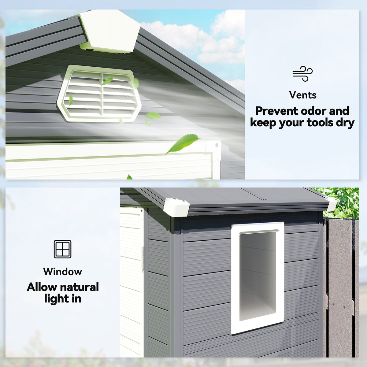 4.4' x 3.3' Plastic Garden Storage Shed with Latch Door, Vents, Sloped Roof