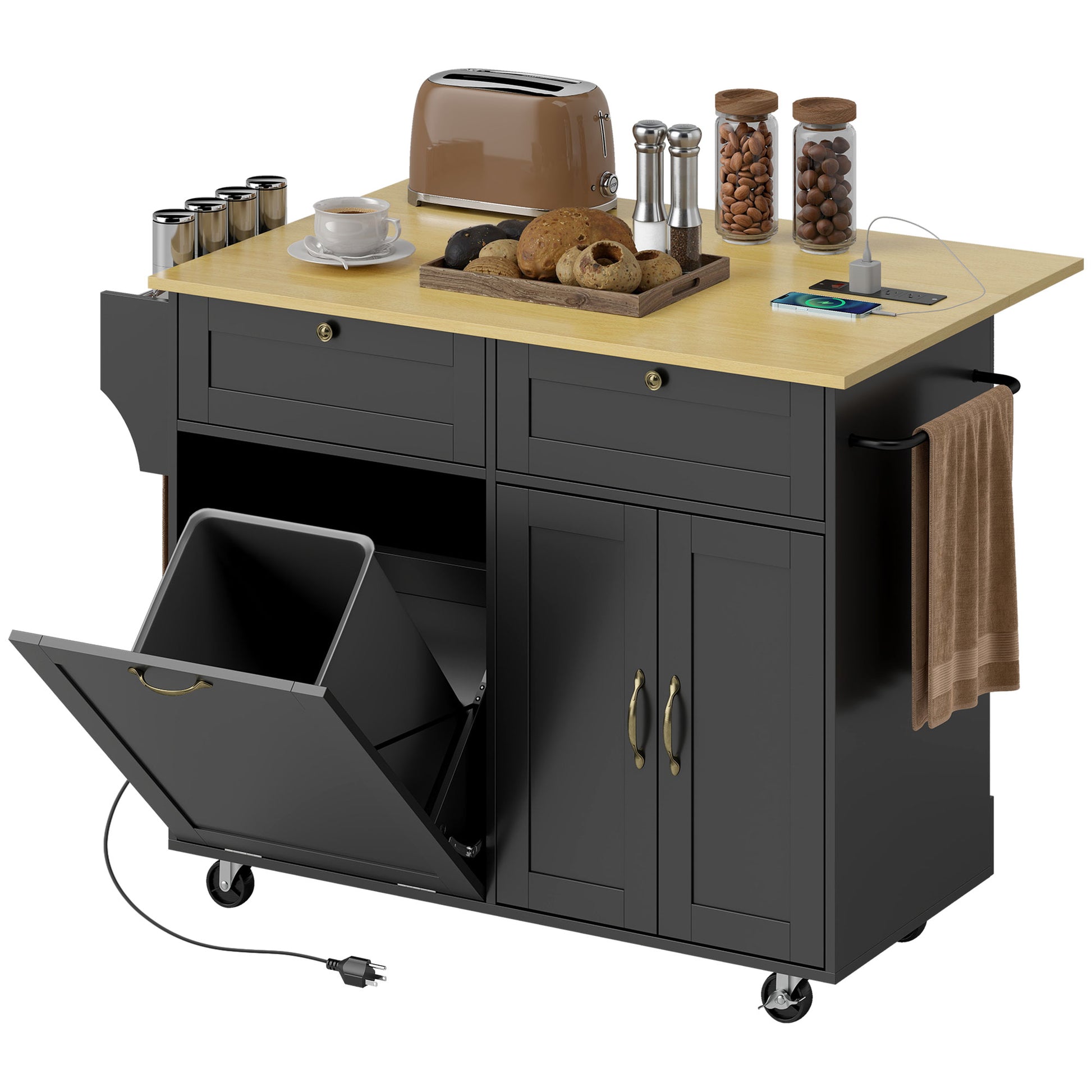 HOMCOM Kitchen Island Cart Charging Station Drop Leaf Black
