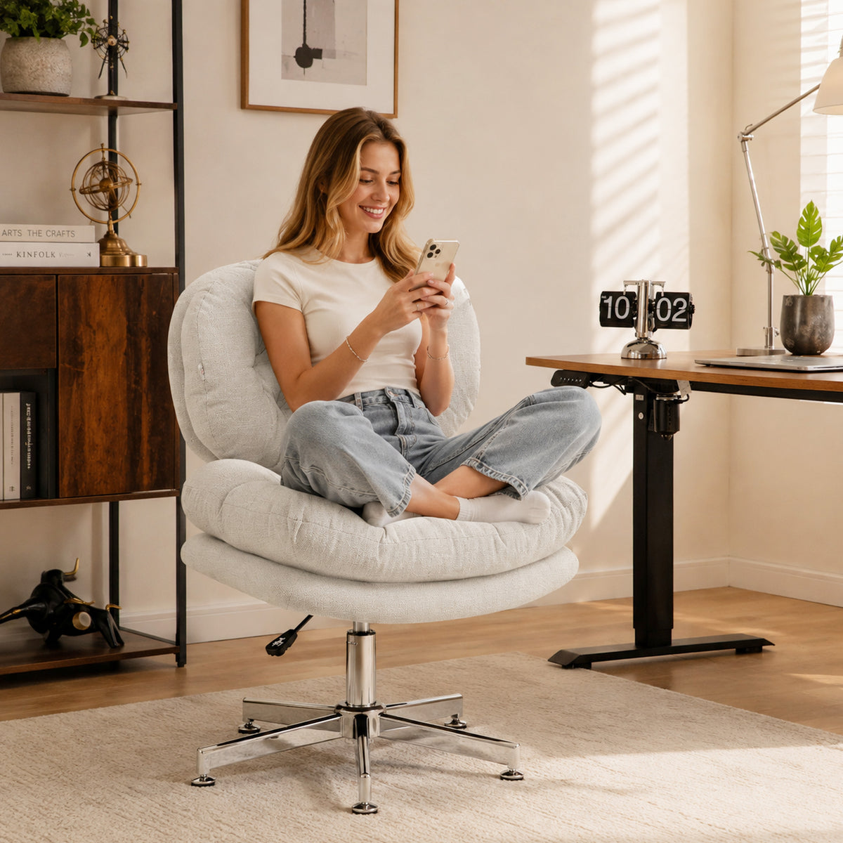 Computer Desk Chair, Armless Office Chair with Wide Padded Seat and Adjustable Height, Cream White