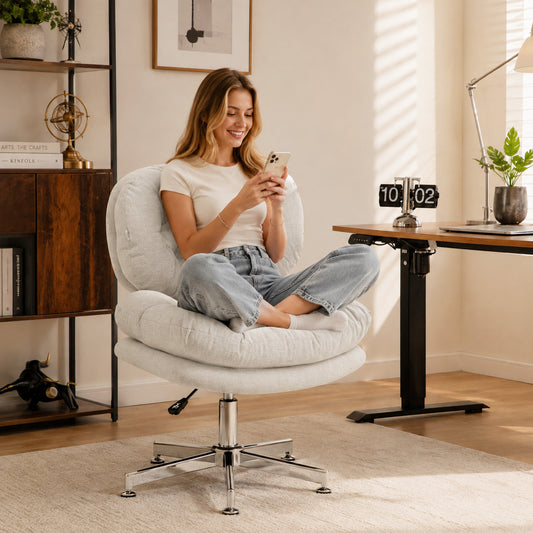 Computer Desk Chair, Armless Office Chair with Wide Padded Seat and Adjustable Height, Cream White