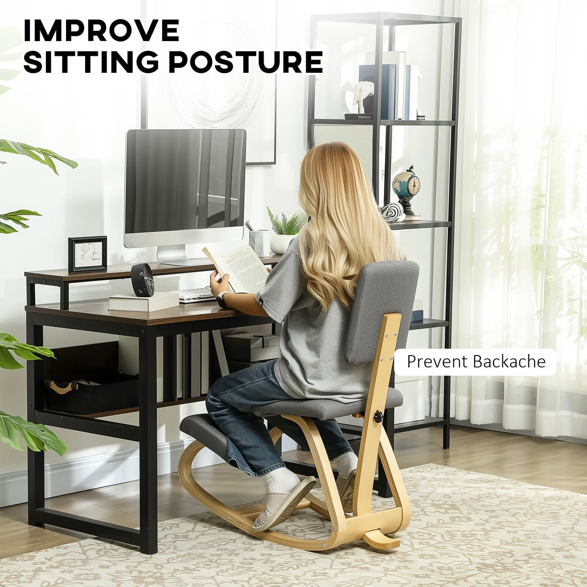 Ergonomic Kneeling Chair, Rocking Wood Kneel Stool with Backrest for Improved Posture, Grey