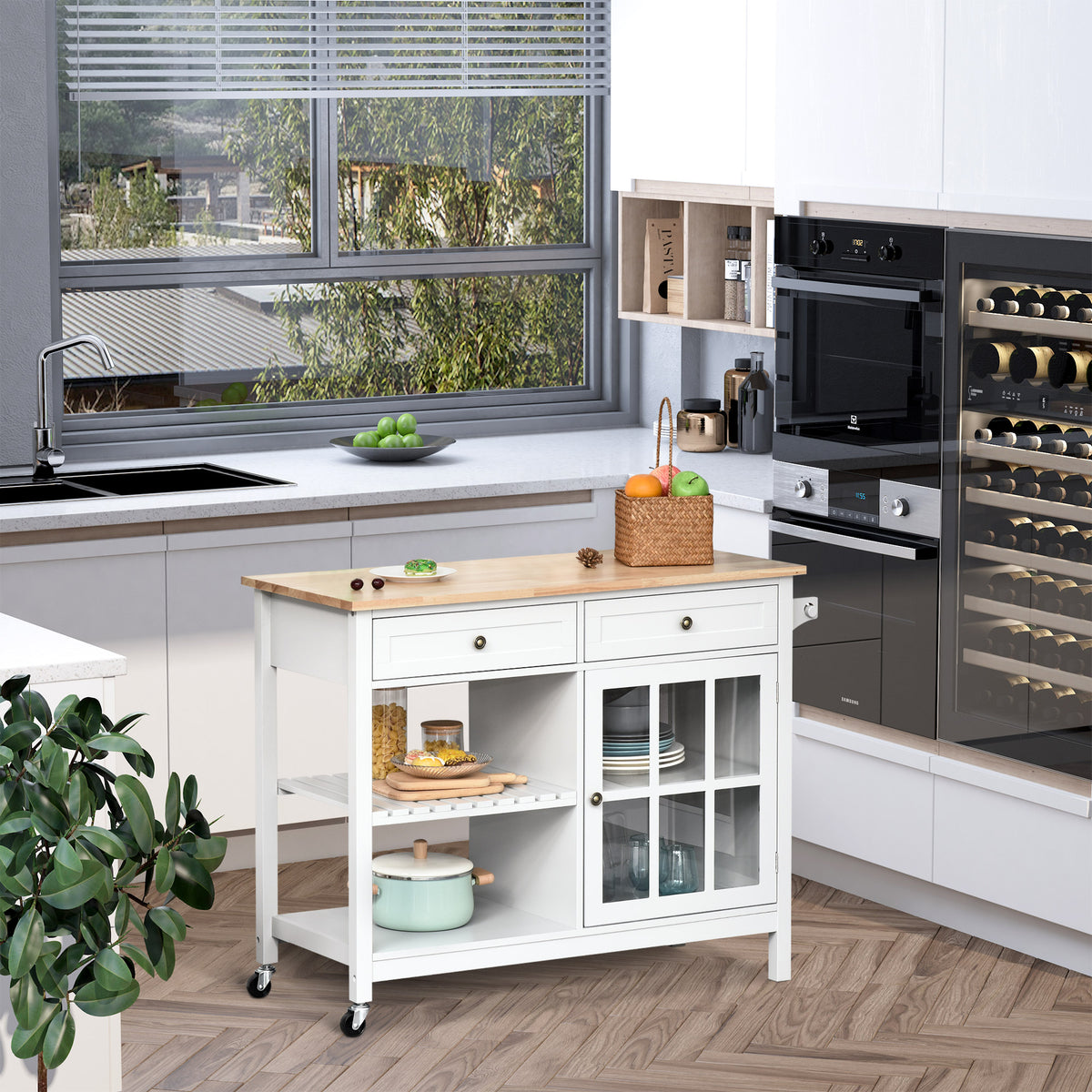 Kitchen Cart on Wheels with Rubber Wood Top – 45"W x 34"H