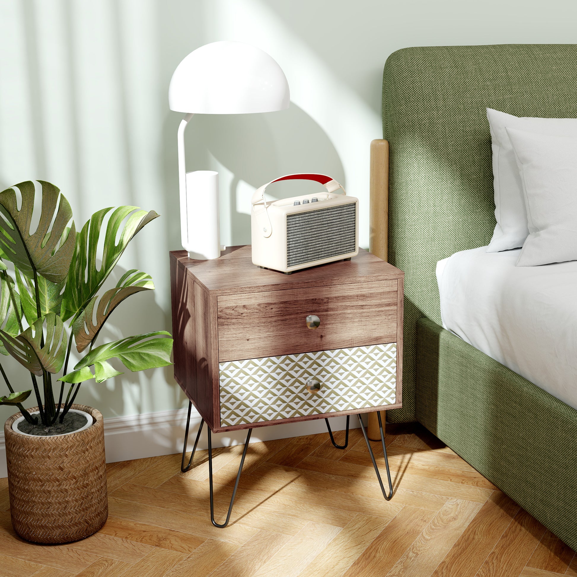 HOMCOM Boho Wood-Effect Nightstand with Two Drawers and Hairpin Legs
