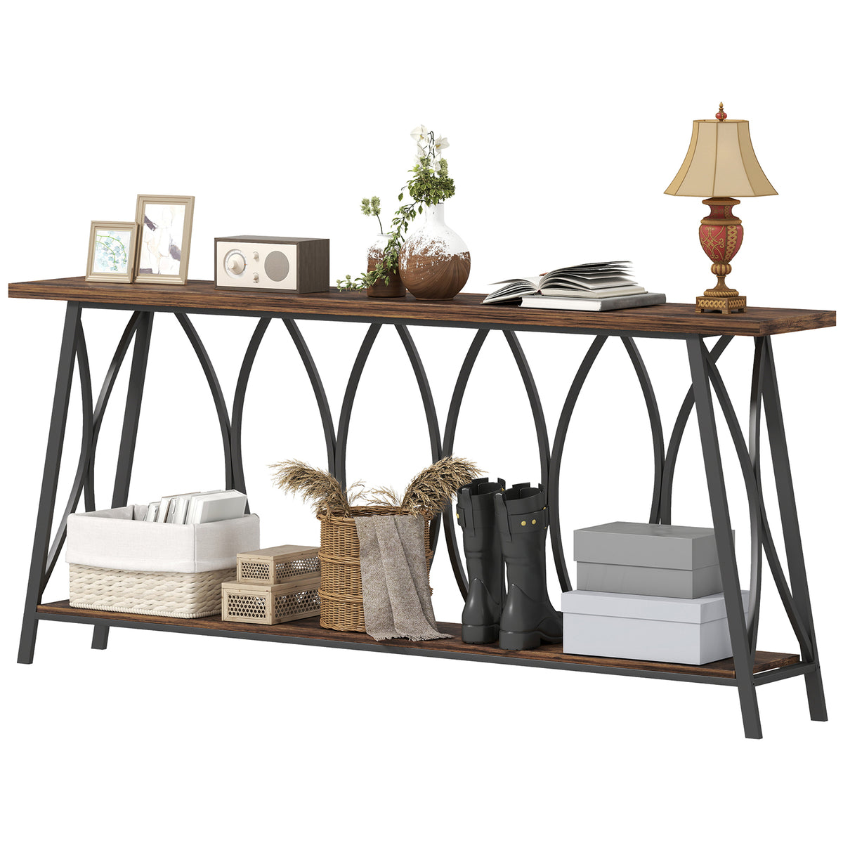 71" Industrial 2-Tier Console Table with Metal Frame