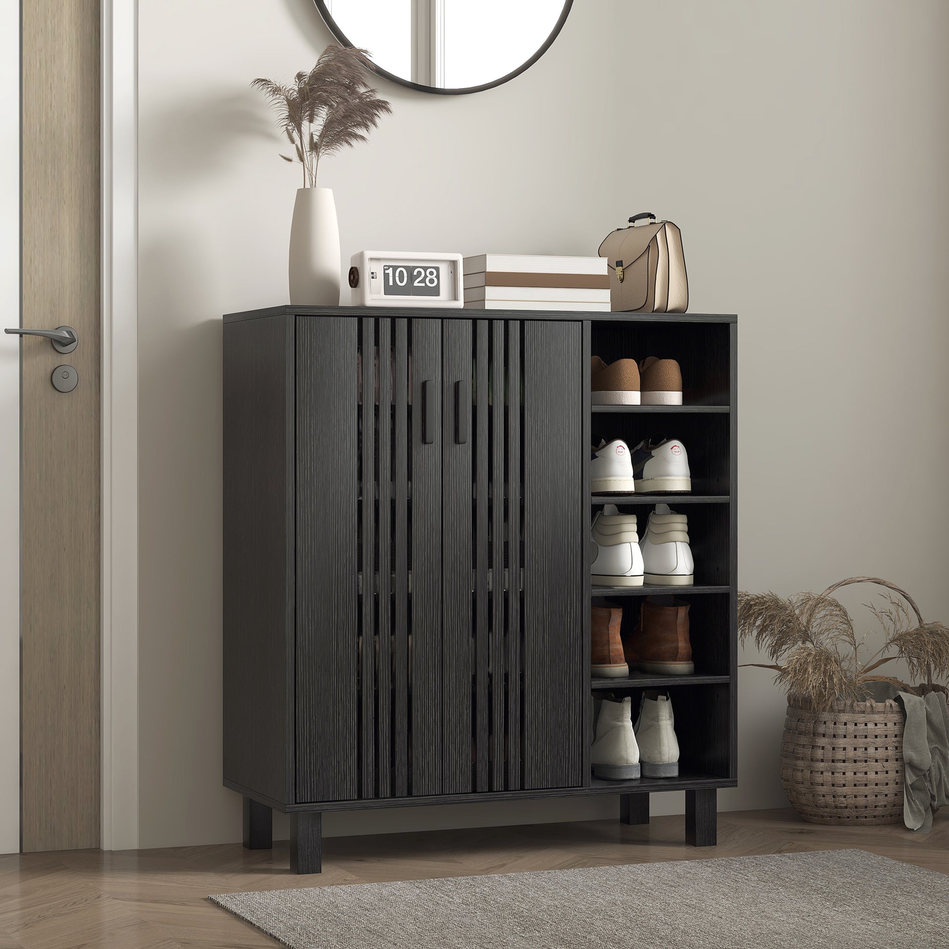 HOMCOM Black Entryway Shoe Storage Cabinet with Double Doors & Open Shelves