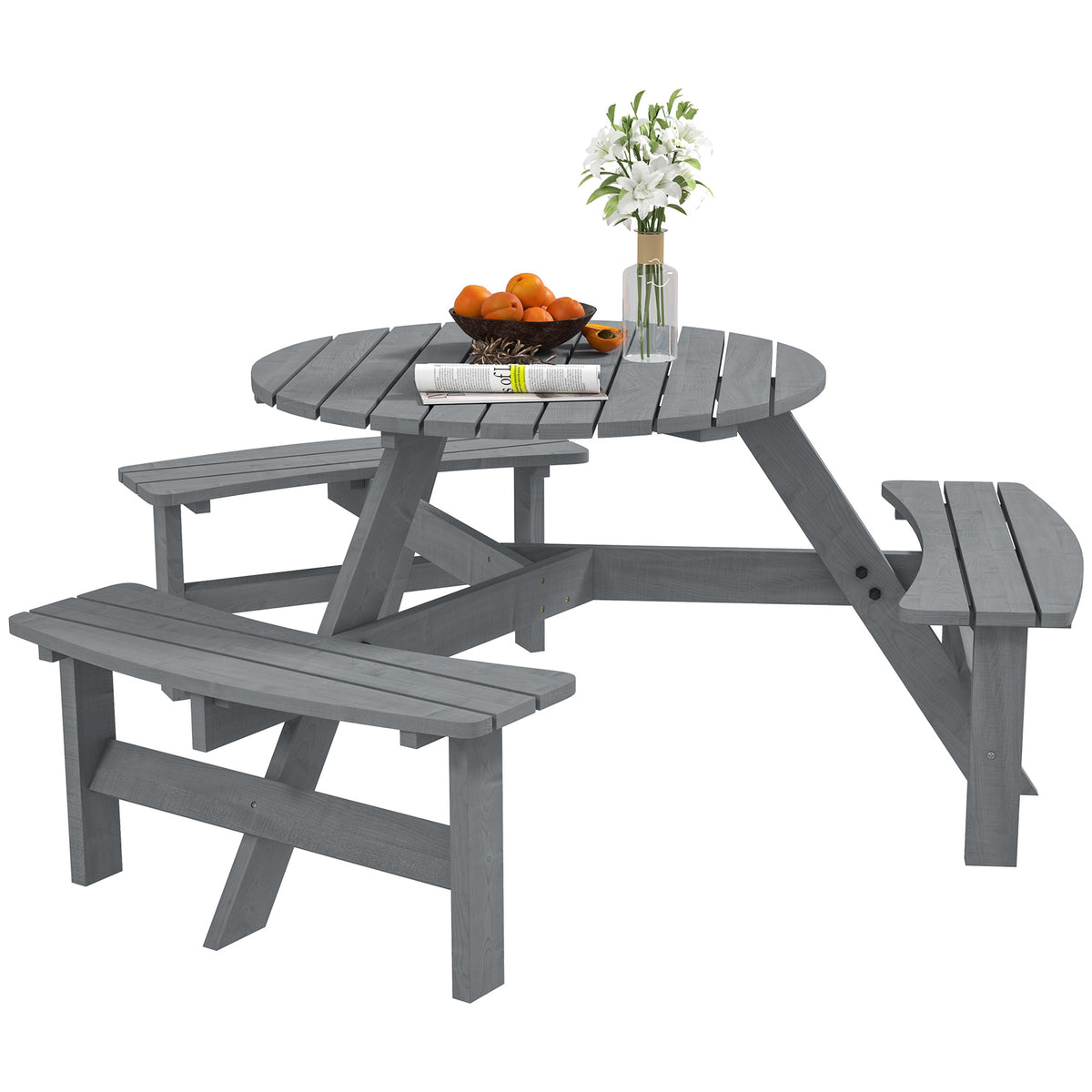 6 Person Round Picnic Table Bench Set with Umbrella Hole, Wood Patio Table with 3 Built-in Benches for Garden, Deck, Backyard – Grey