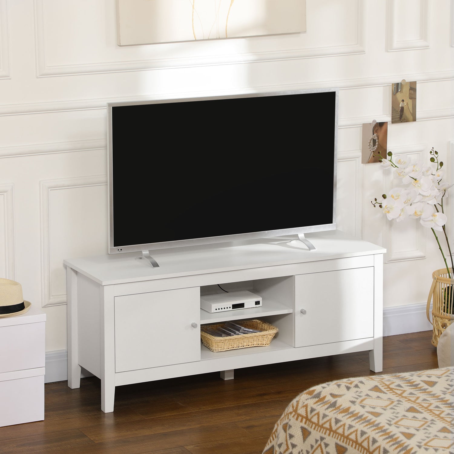 HOMCOM Modern White TV Stand for 55-Inch TVs, Storage Cupboards, Open Shelves