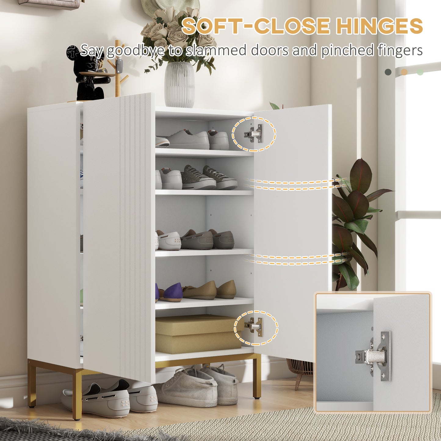 Narrow White Shoe Storage Cabinet: Adjustable Shelves, Soft-Close Hinges, 15-20 Pairs