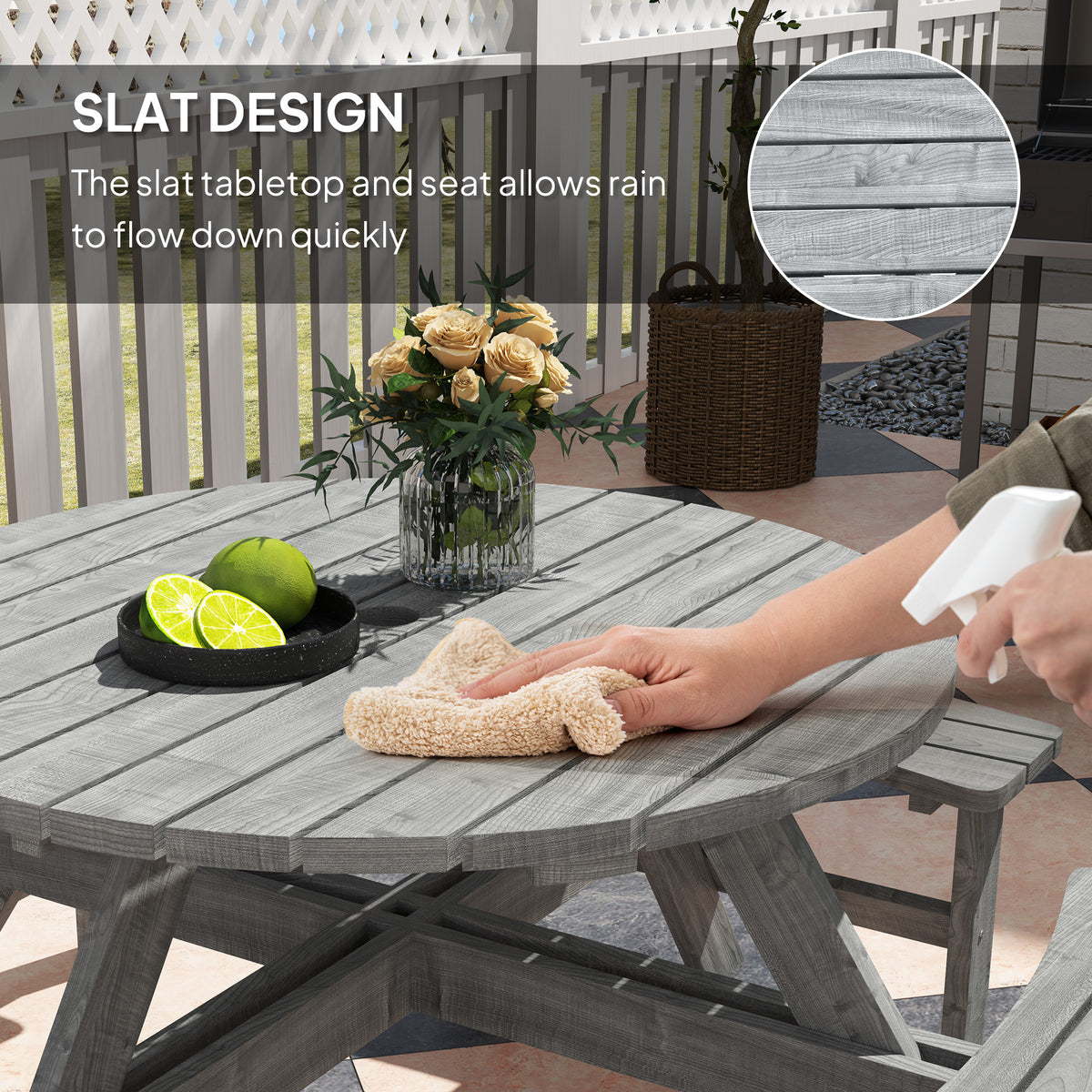 8 Seater Round Wooden Pub Bench & Picnic Table, Patio Dining Set for Outdoor Patio (Umbrella Not Included) – Grey