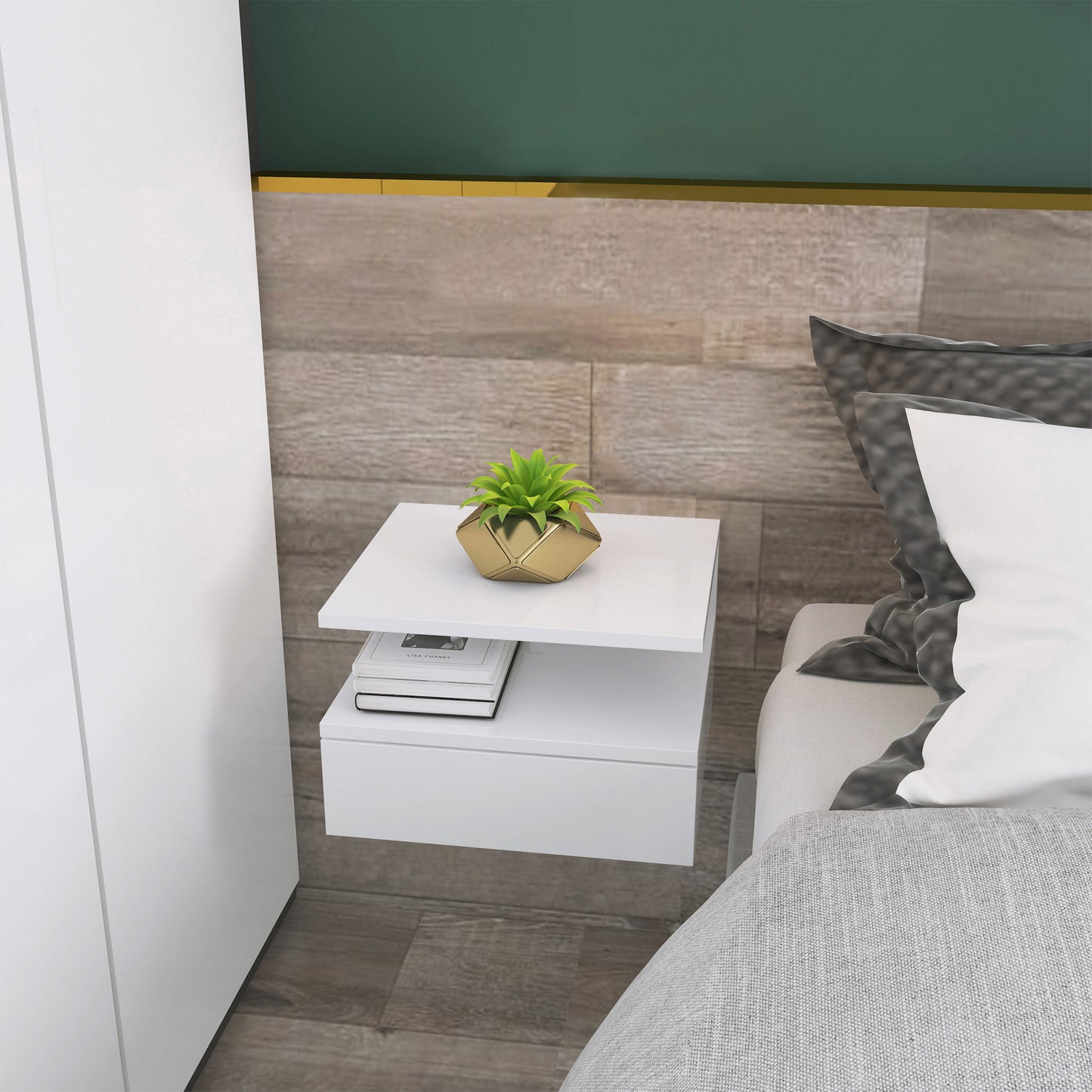 HOMCOM White Floating Wall Mounted Bedside Nightstands with Drawer and Shelf