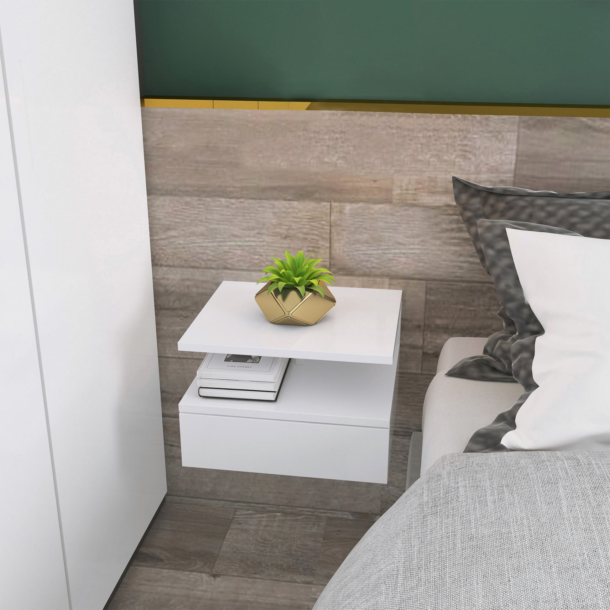 HOMCOM White Floating Wall Mounted Bedside Nightstands with Drawer and Shelf