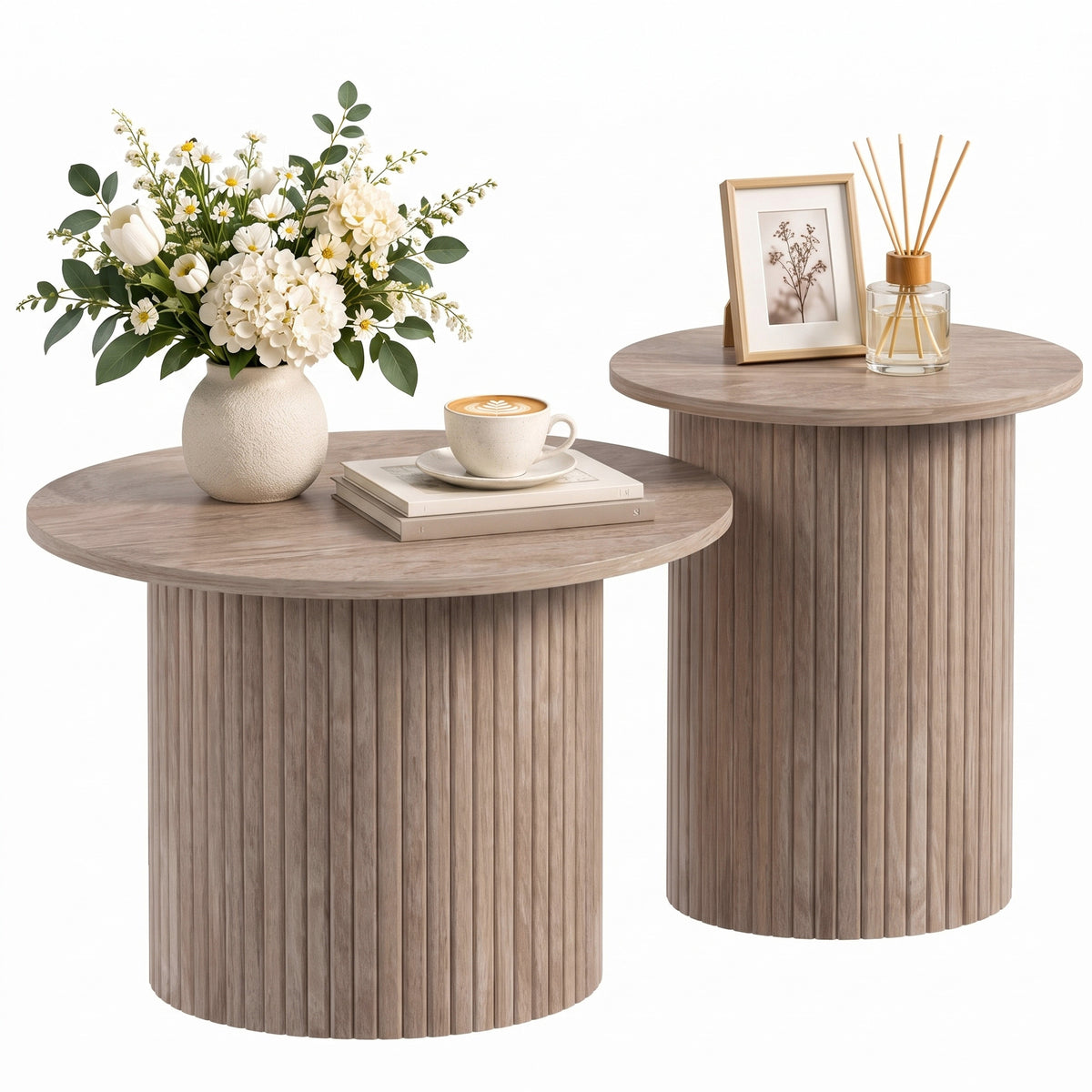 HOMCOM Round Nesting Coffee Table Set of 2, Fluted Mid Century Modern Circle Side Tables, Weathered Coffee Wood Grain