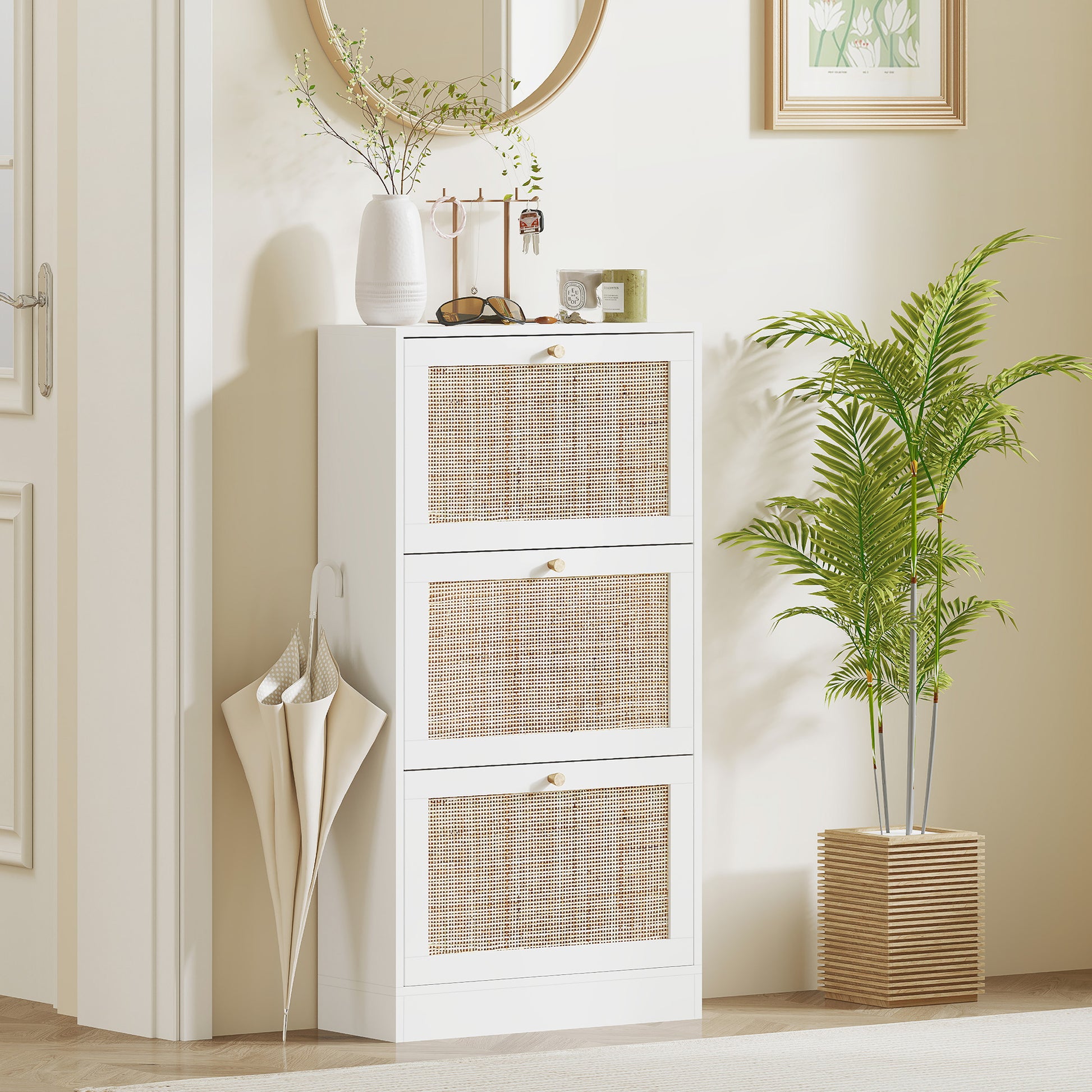 HOMCOM White Rattan Entryway Shoe Cabinet, 3 Flip Drawers, Adjustable Shelves