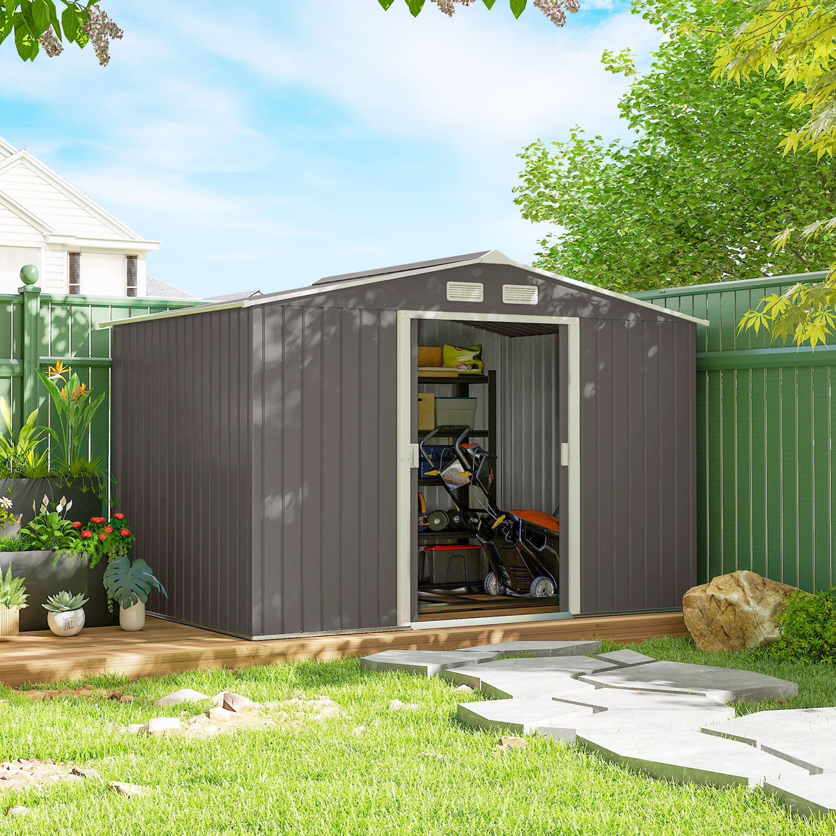 9.1'x6.4'x6.3' Garden Storage Shed, Outdoor Storage Tool House with Vents, Foundation and Lockable Double Doors – Grey