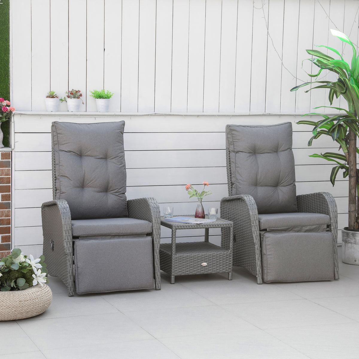 3 Pieces Patio Wicker Bistro Set, PE Rattan Coffee Table & Adjustable Recline Chairs Furniture Set with Cushions and Wood Grain Plastic Top – Grey