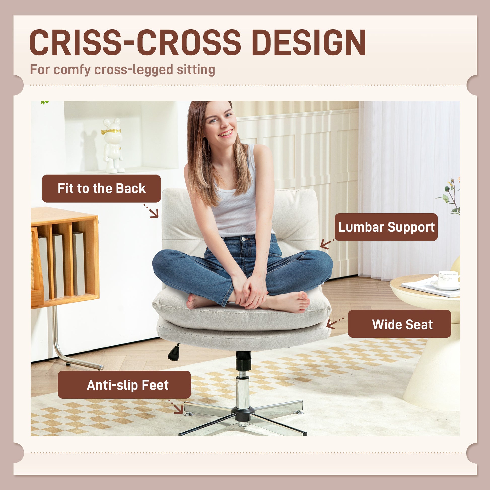 HOMCOM Armless Criss Cross Office Chair: Adjustable Height, Tilt, Swivel, Cushioned